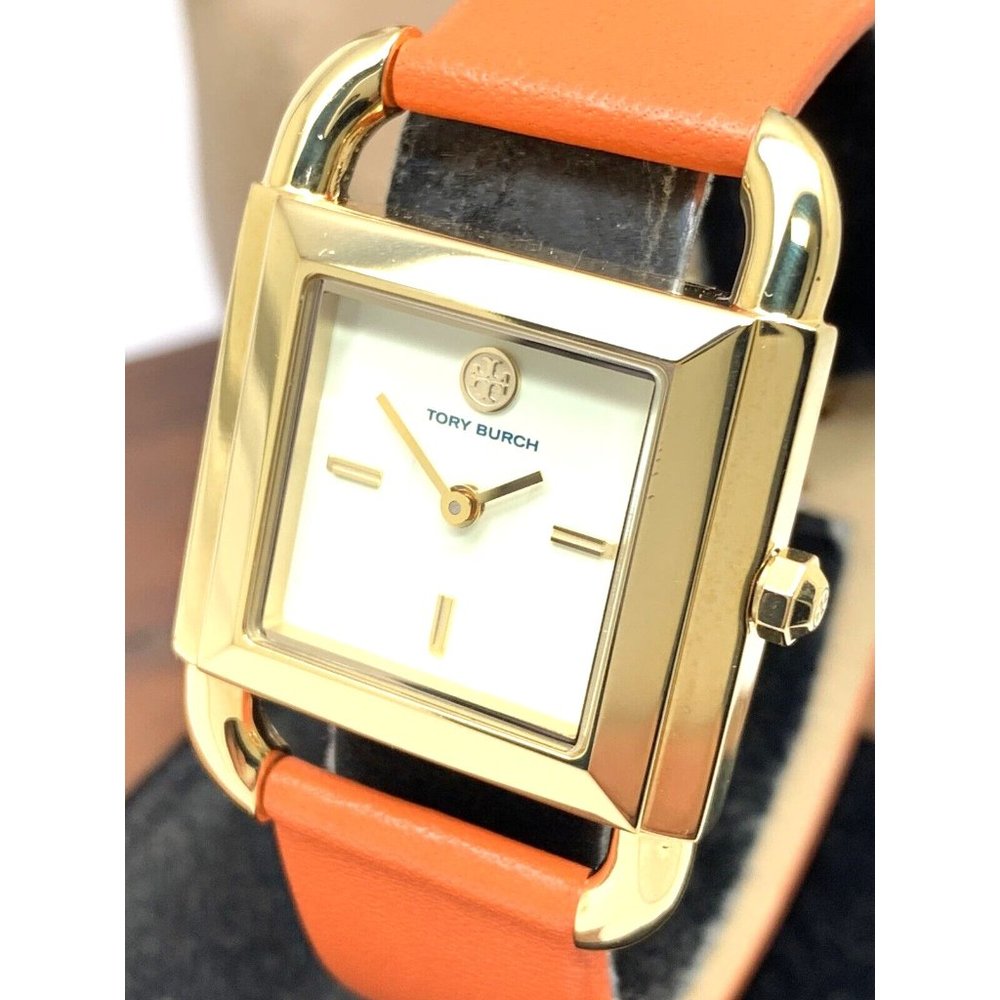 Tory Burch Women's Watch TBW7201 Quartz Tank Cream Dial Gold Orange Leather Band